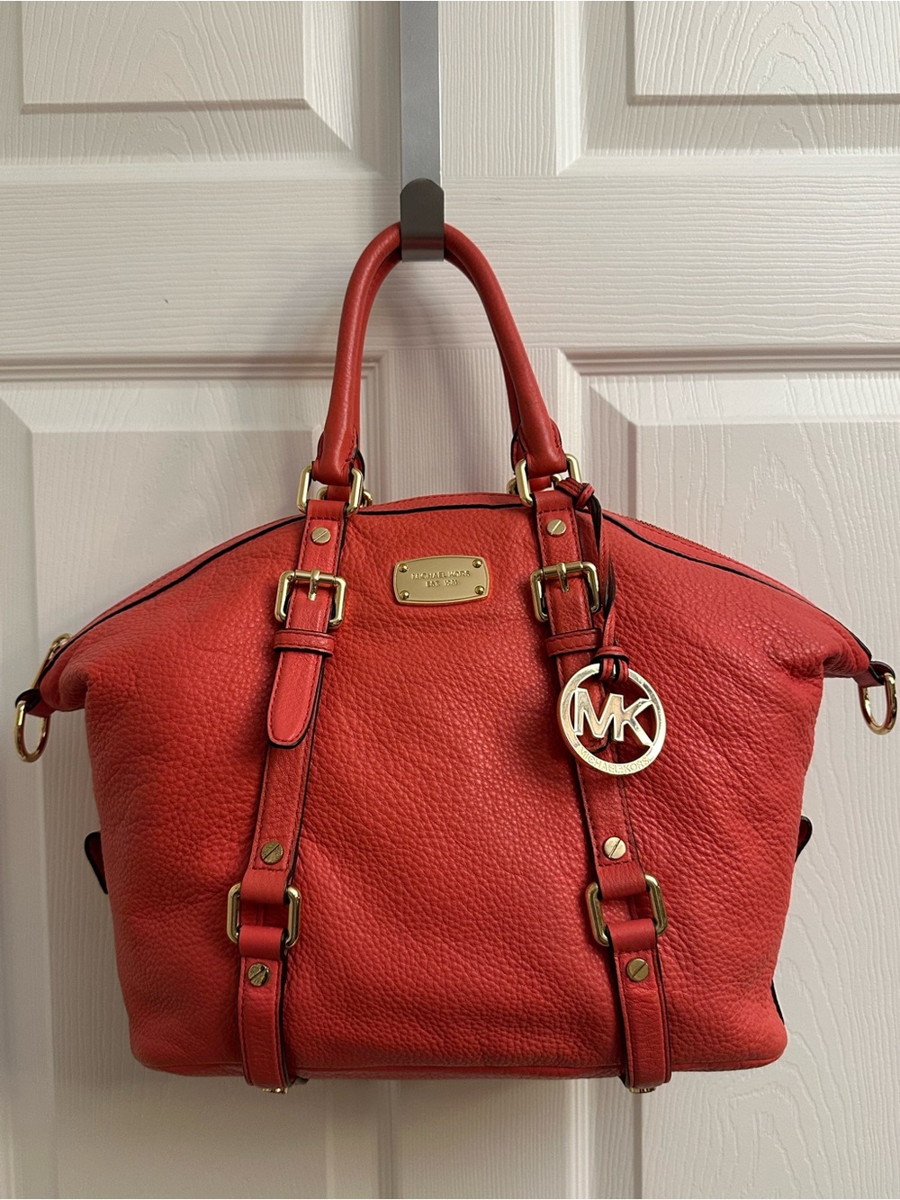 Michael Kors Coral Pebbled Leather Satchel with MK Charm